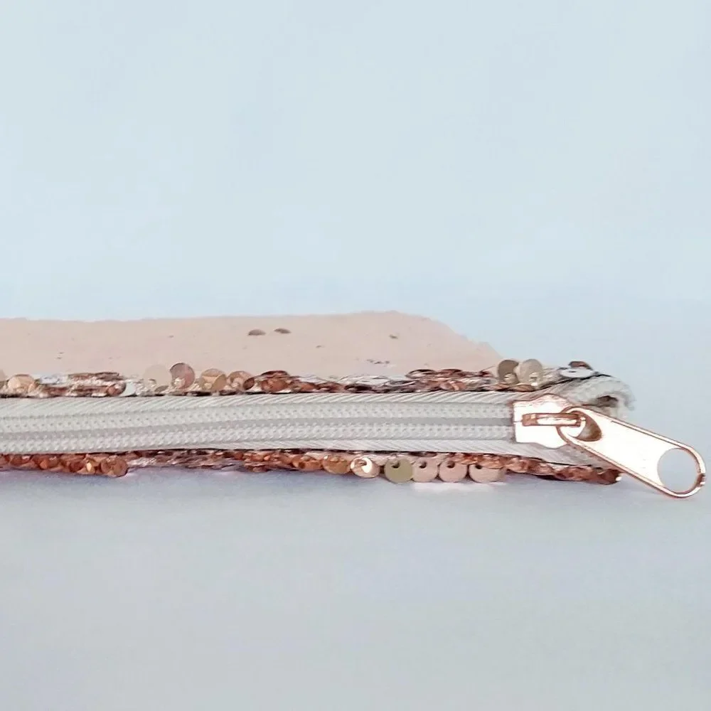 Cosmetic Makeup Bag/Clutch/Pouch, Pink Rose Gold Glitter Sequins NWOT